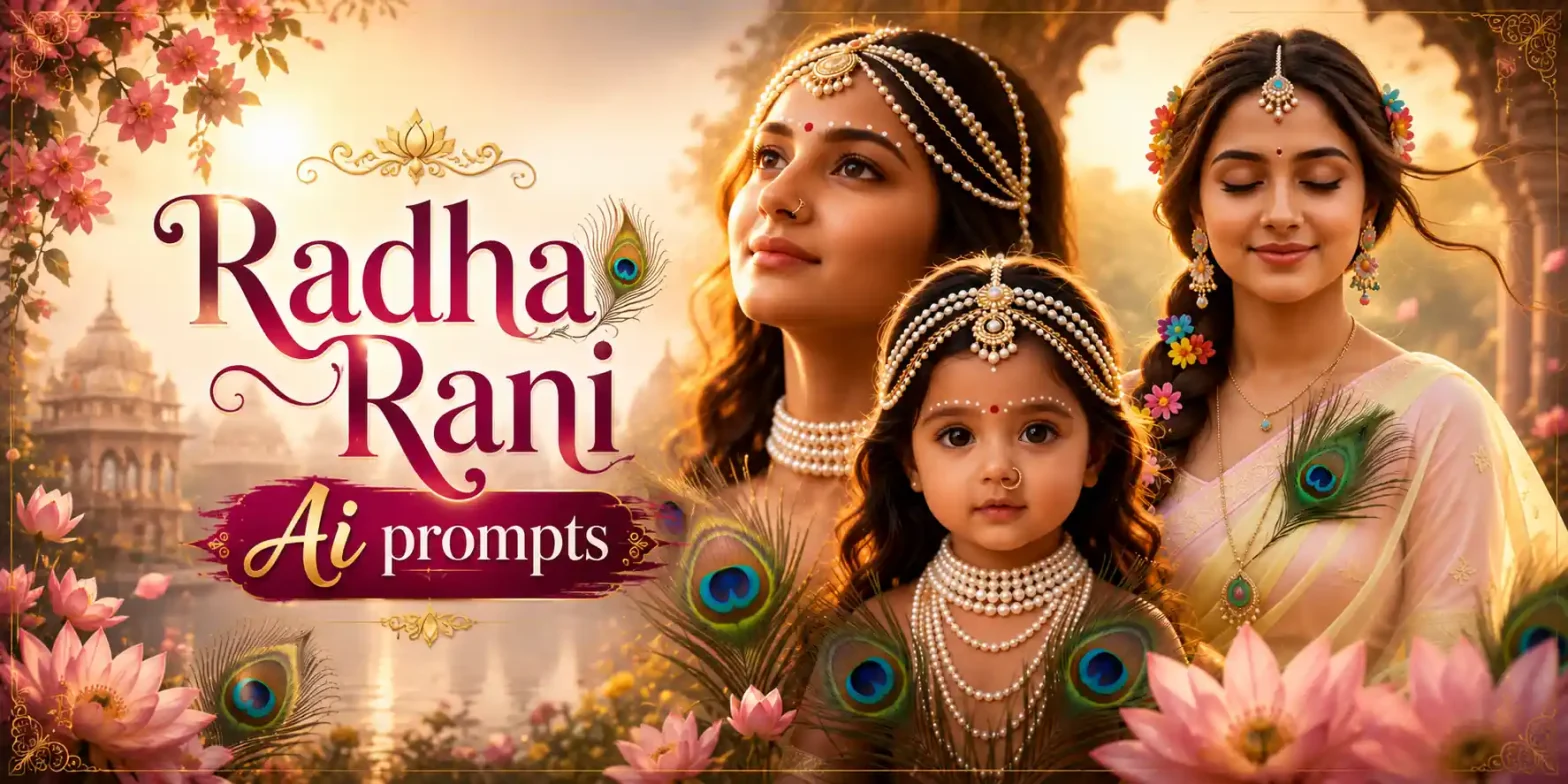 Radha Rani AI prompts banner with devotional portraits, peacock feathers, and golden temple aesthetic.