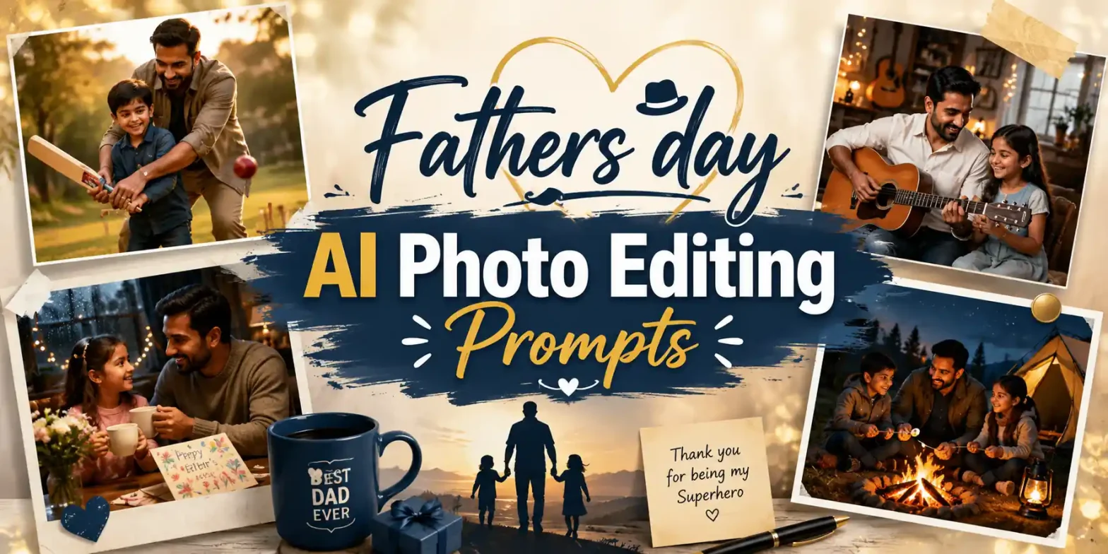 Father’s Day AI photo editing prompts banner with emotional father-child moments and cinematic family memories.