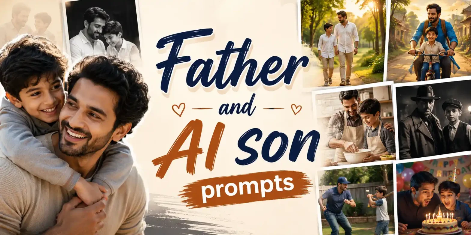 Professional Father and Son AI prompts blog banner with emotional family moments and creative photo styles.