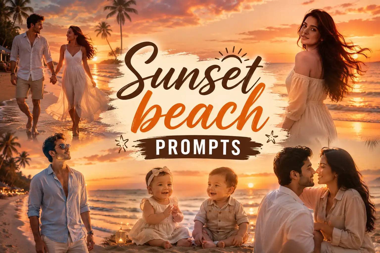 Collage banner of sunset beach AI prompts with couples, solo portraits, and babies during a golden sunset on a tropical beach.