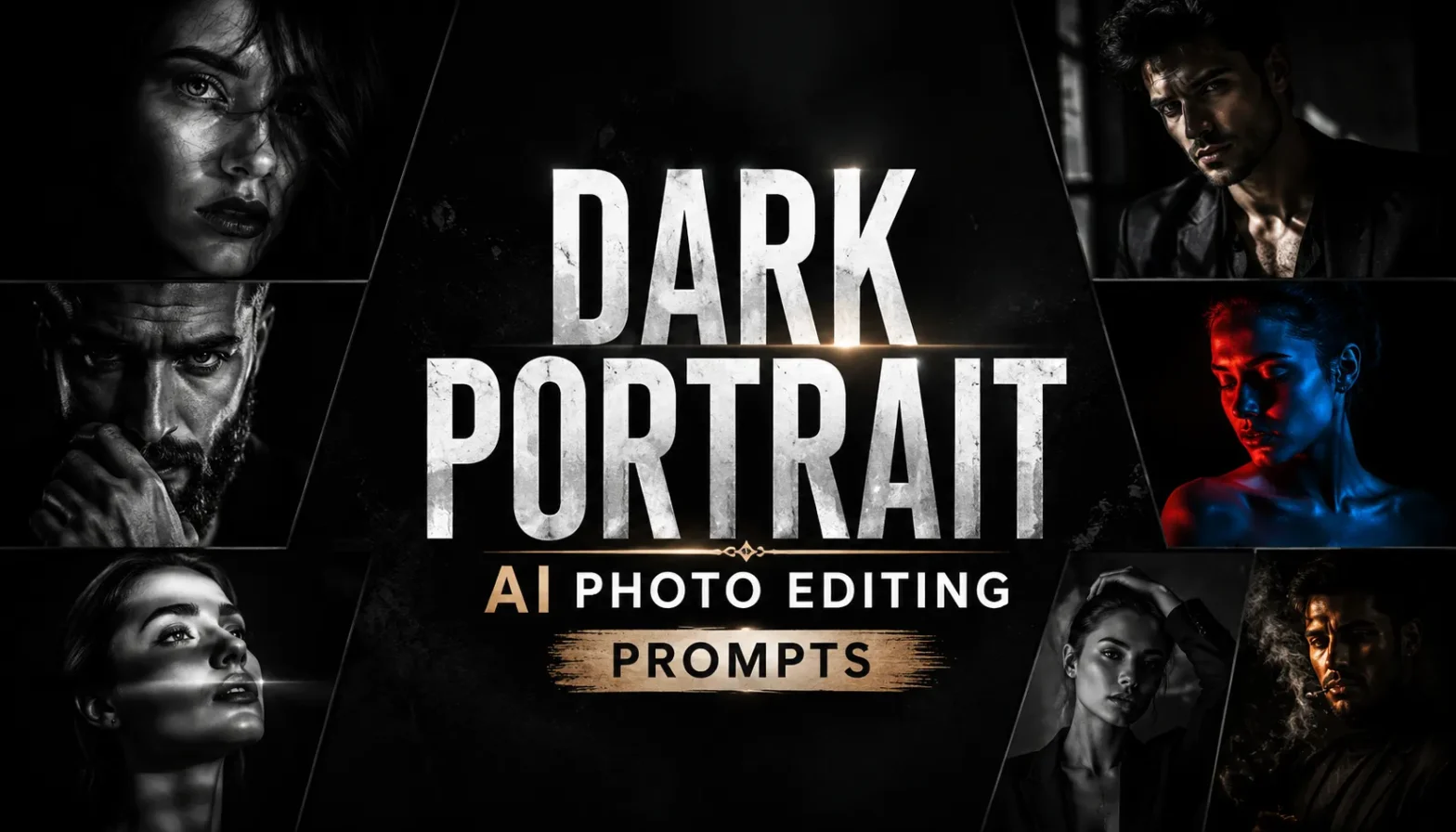 Dark portrait AI photo editing banner featuring cinematic black-and-white portraits with dramatic lighting and bold typography.