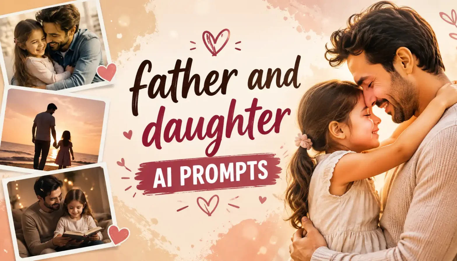 Father and daughter AI prompts banner with emotional family moments and warm portrait design.