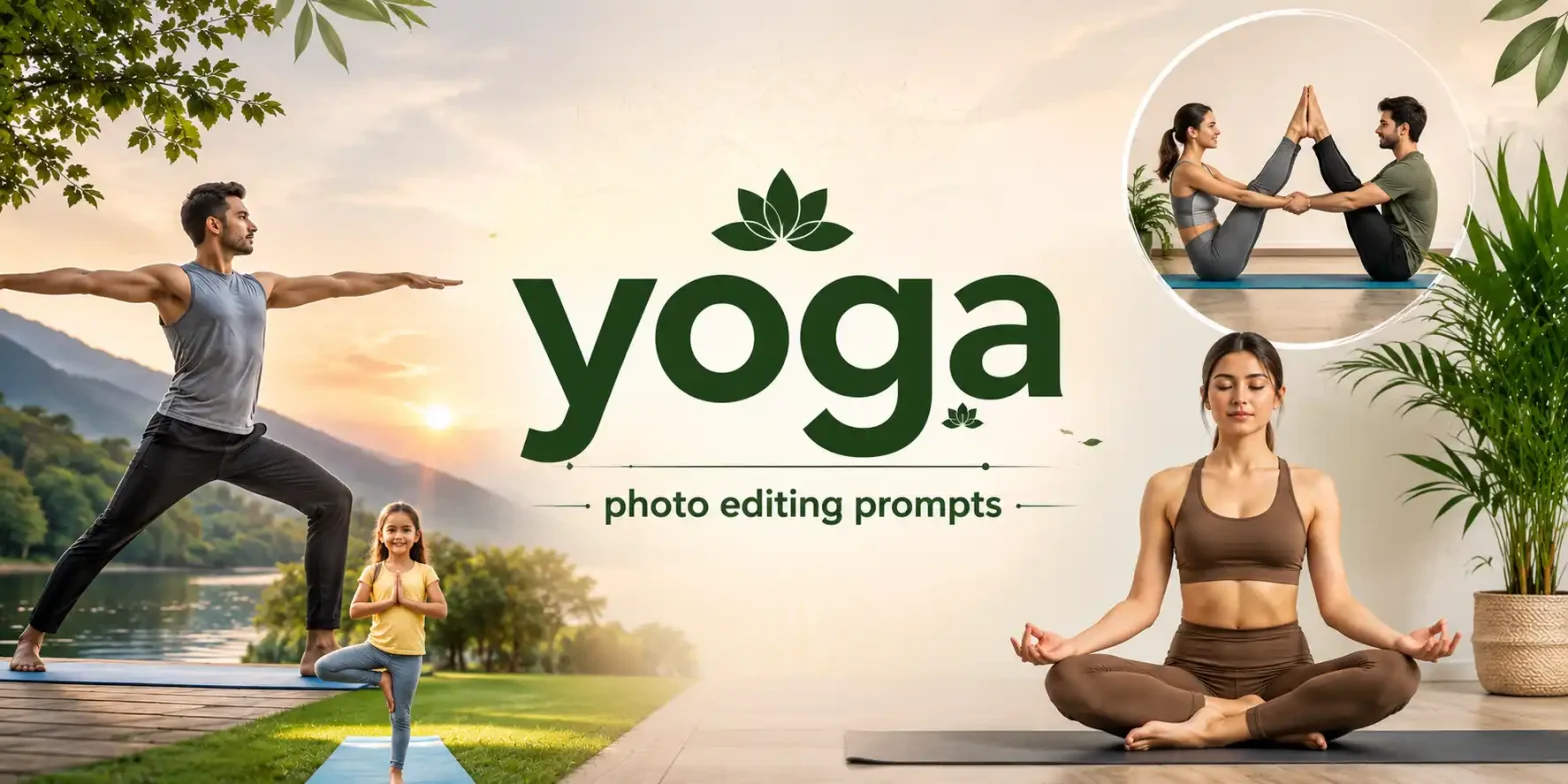 Yoga Day photo editing prompts banner with realistic yoga poses and wellness theme.