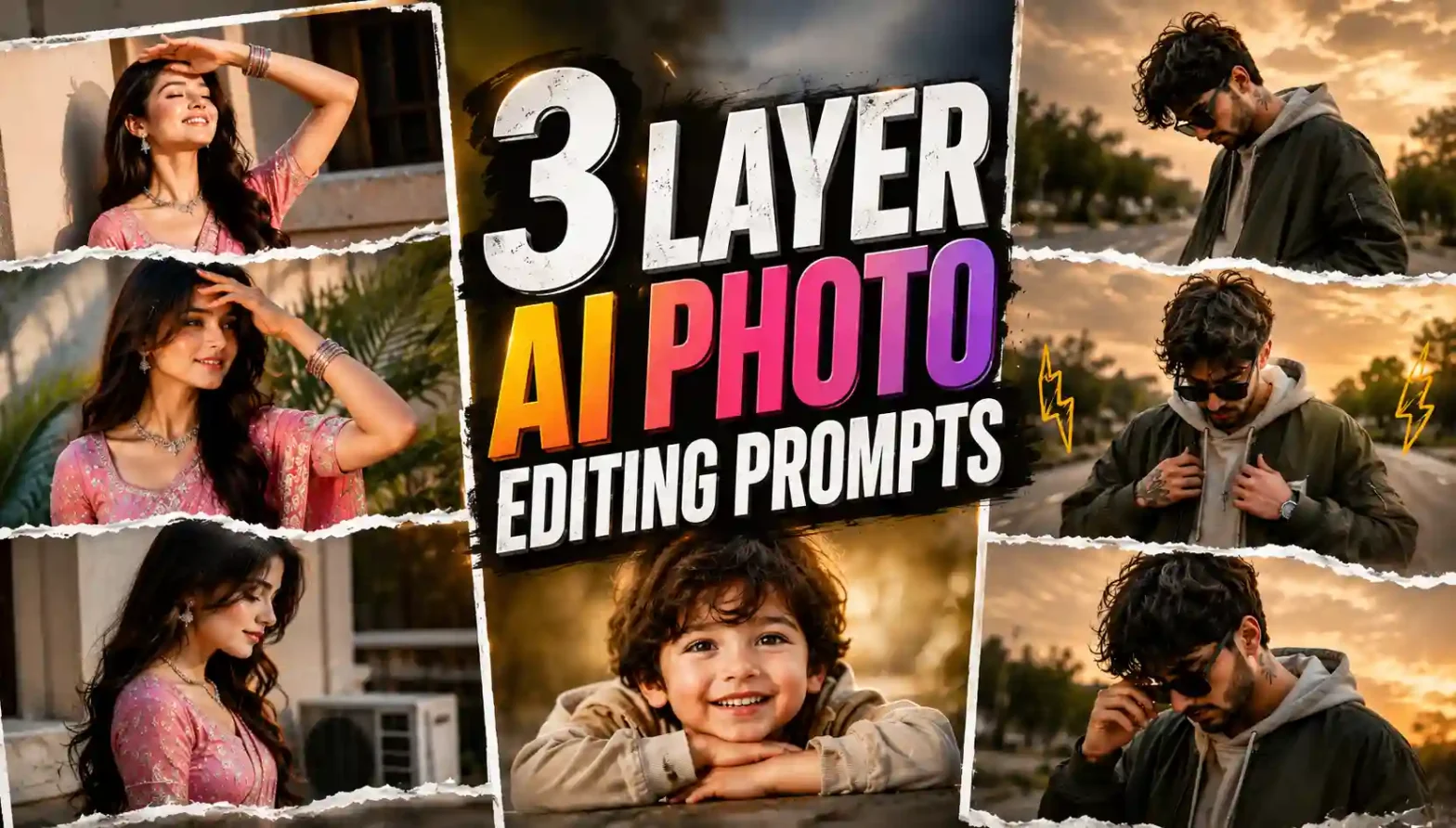 3-layer AI photo editing collage banner with stylish portraits and torn-paper effect.