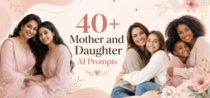 Three diverse mother-daughter pairs in a pastel banner with “40+ Mother and Daughter AI Prompts” text.