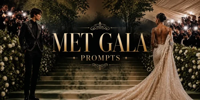 Luxury Met Gala prompts banner with glamorous man and woman standing on red carpet stairs under paparazzi lights.