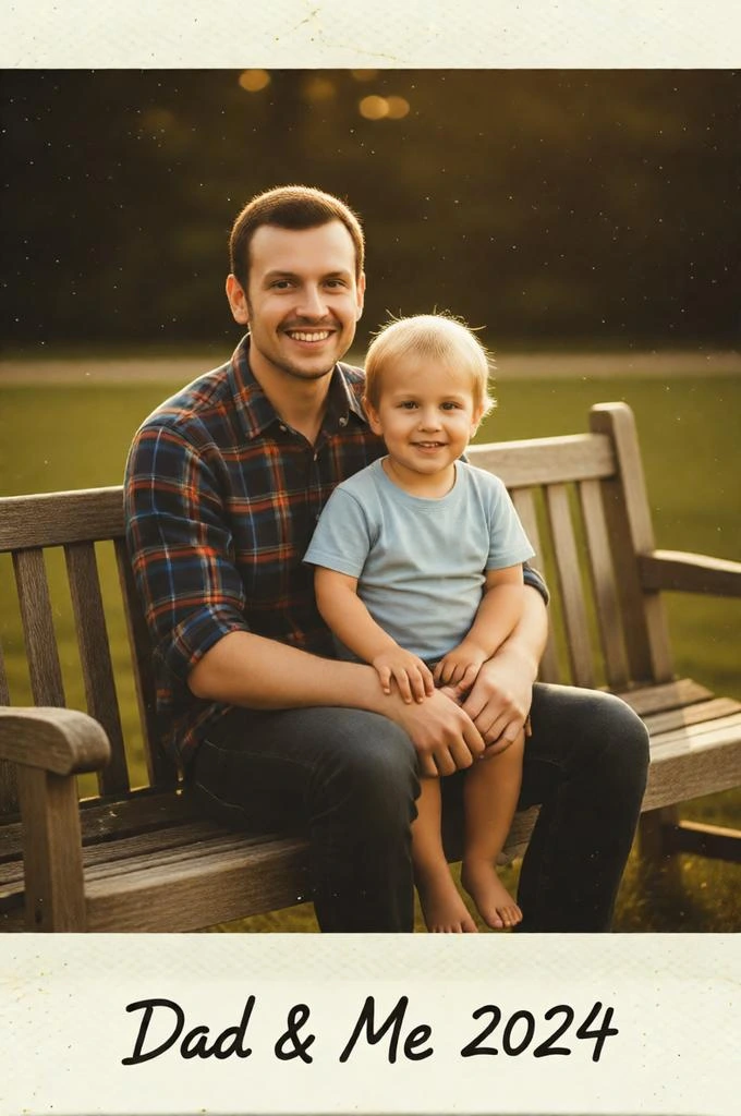Retro Polaroid-style father and son outdoor photo with warm vintage tones.
