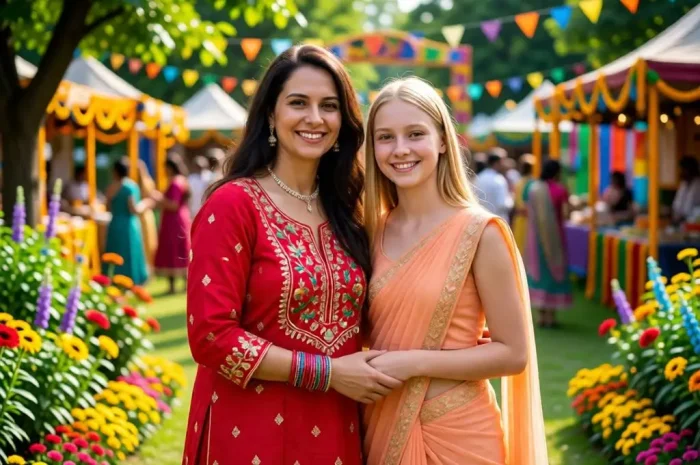 Mother and daughter in traditional outfits at an outdoor festival.