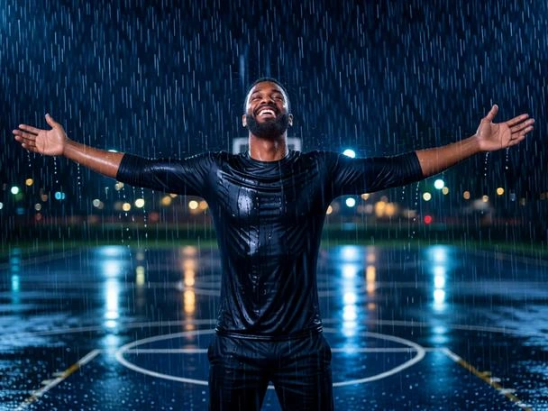 Man standing in heavy rain with arms wide open on a wet sports court at night.