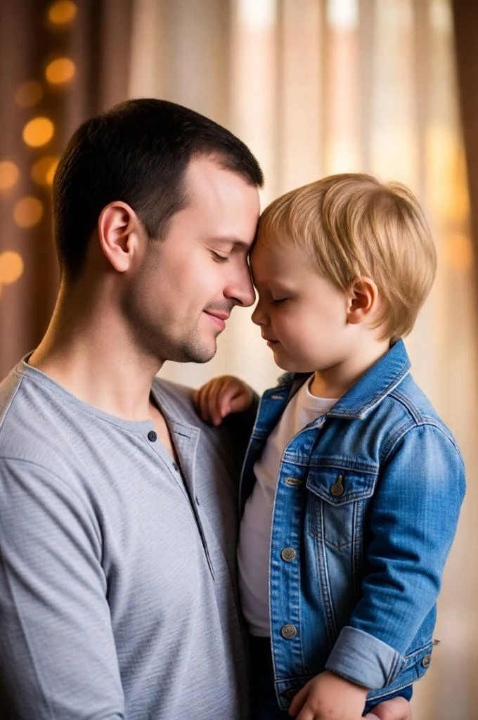 Emotional father and son portrait with touching foreheads and closed eyes.