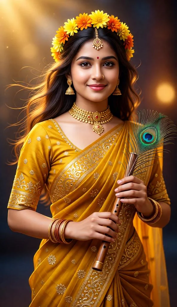 A woman dressed as Radha Rani in mustard yellow lehenga holding a flute with a floral crown.