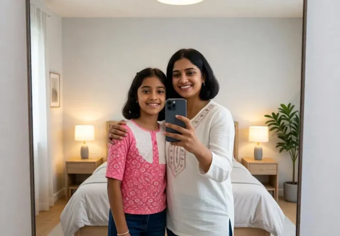 Mother and teen daughter taking a mirror selfie together.