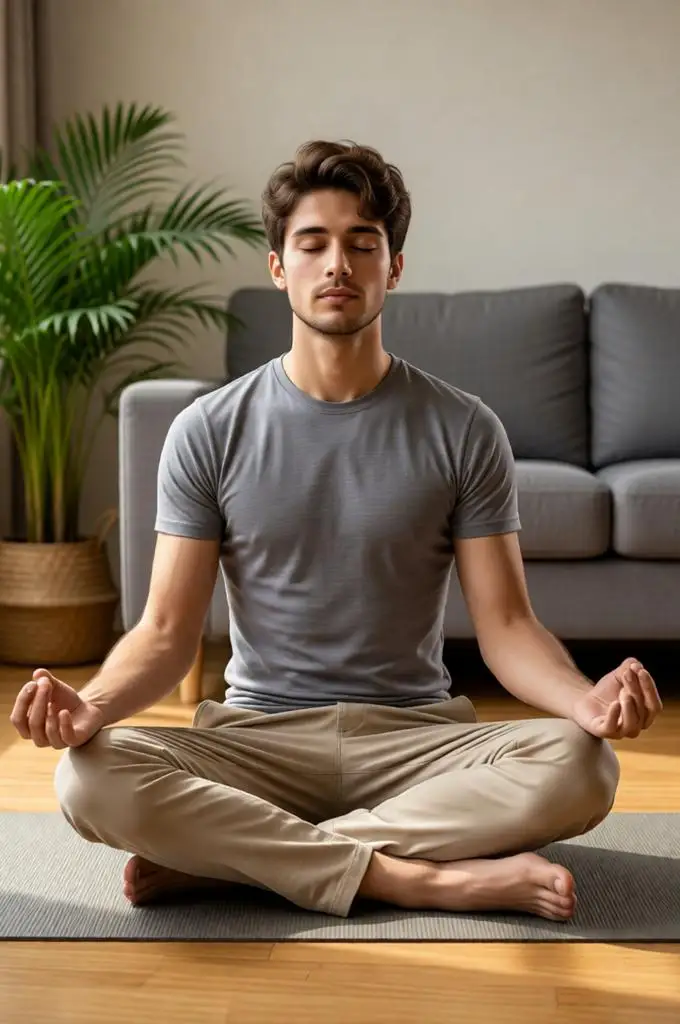 Young man meditating in the Sukhasana pose in a cozy living room.