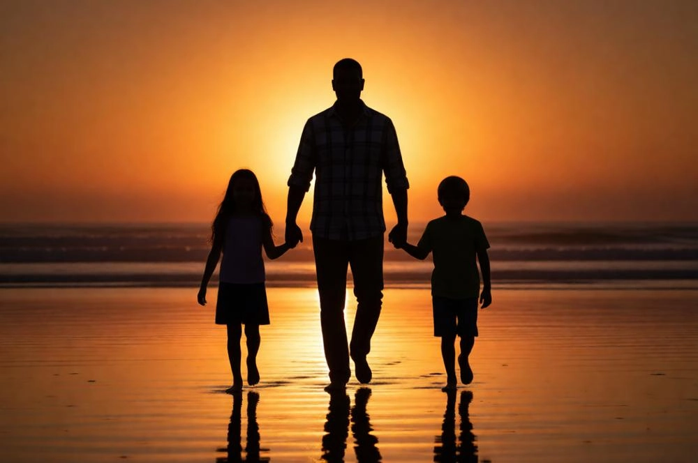 Silhouette of father walking with children on sunset beach.