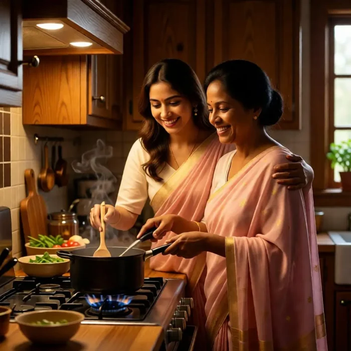 Older mother teaching traditional cooking to her daughter.