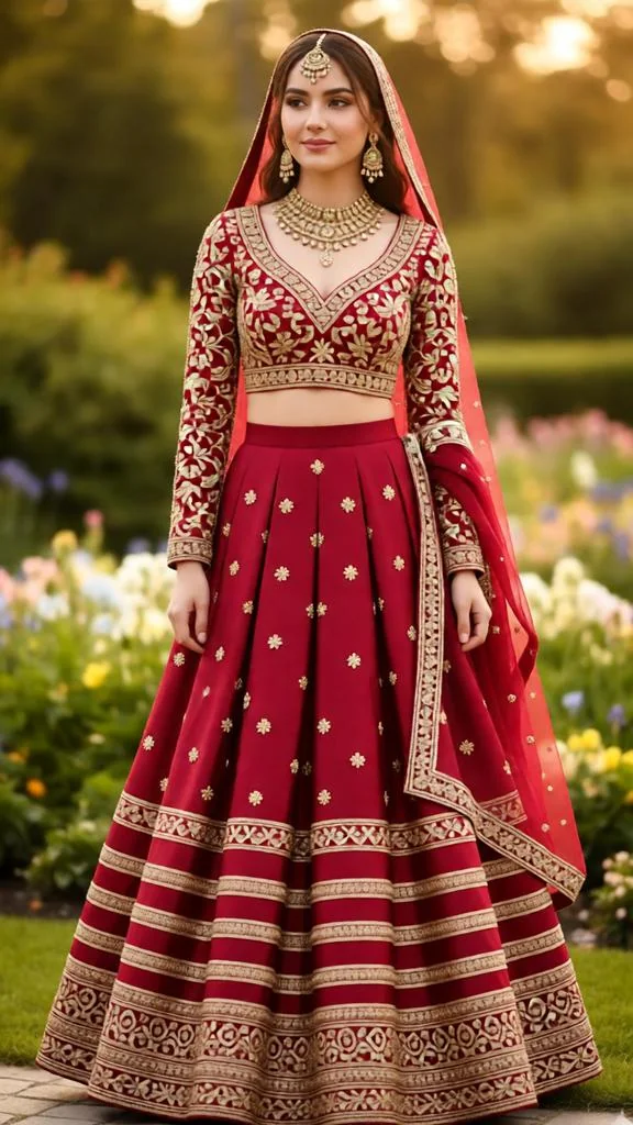 Woman wearing a red bridal lehenga with gold embroidery and silk texture.