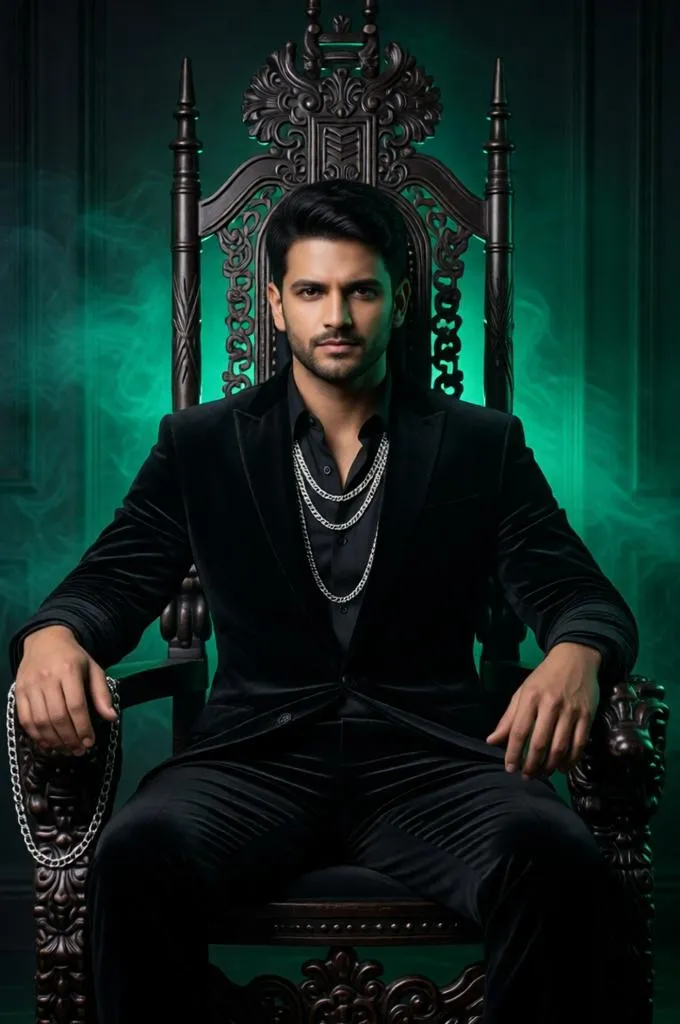 Luxury mafia-style portrait of a man on a vintage throne.