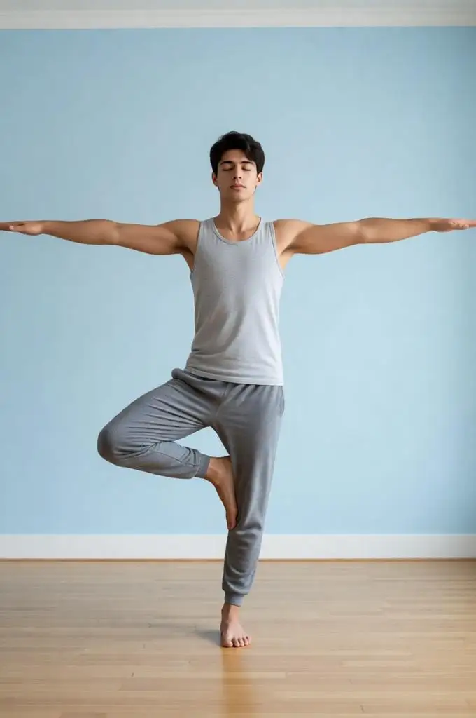 Young man performing Tree Pose variation with arms stretched sideways.