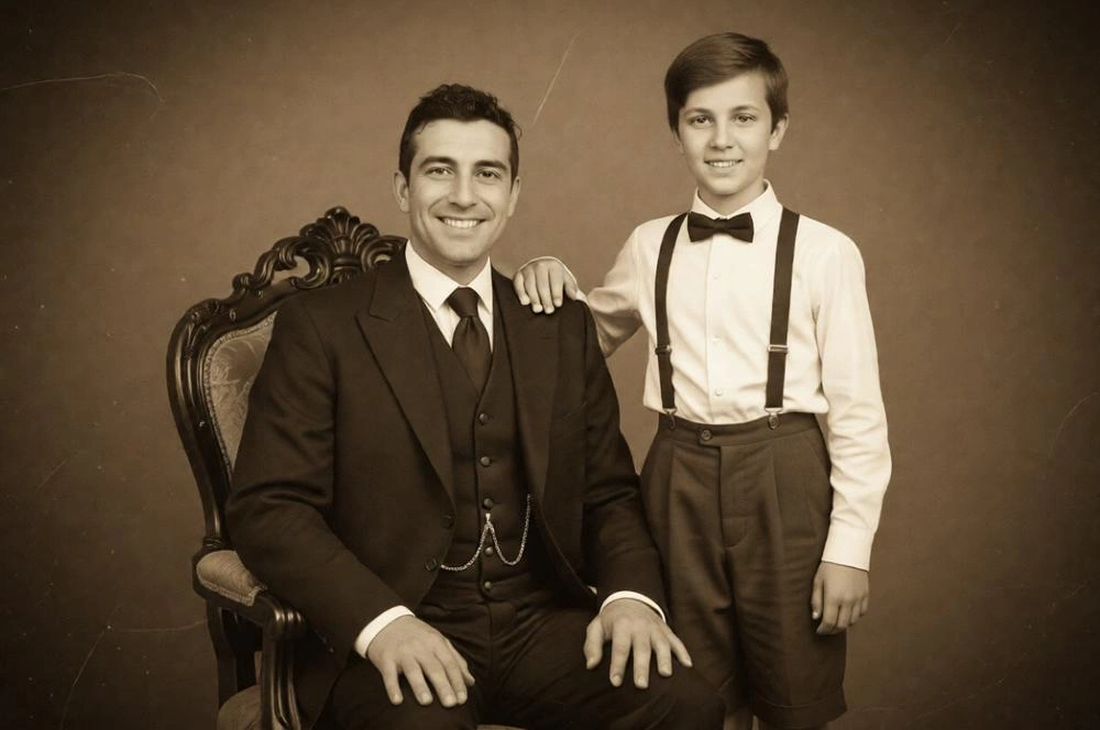Sepia-toned vintage father and son portrait inspired by early 1900s photography.