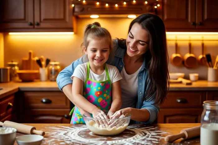 Mom and daughter baking cookies together in a warm kitchen.