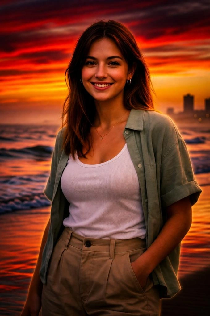 Dramatic sunset beach background with warm cinematic glow