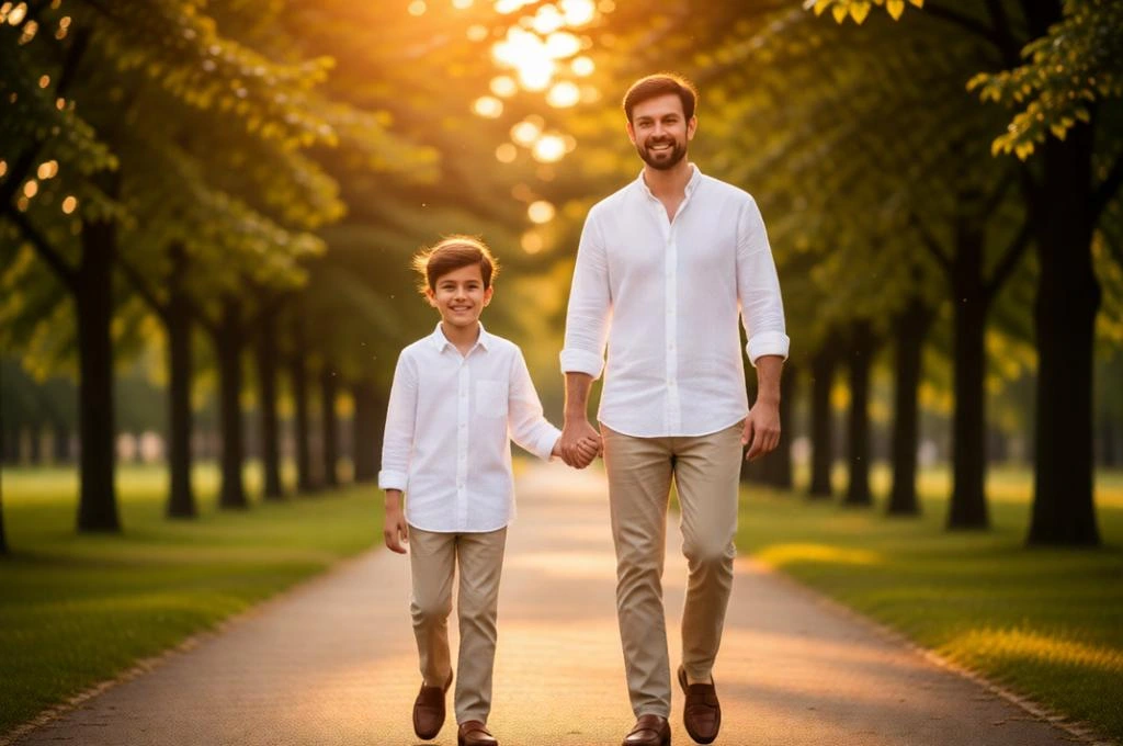Father and son walking in a park during golden hour sunset.