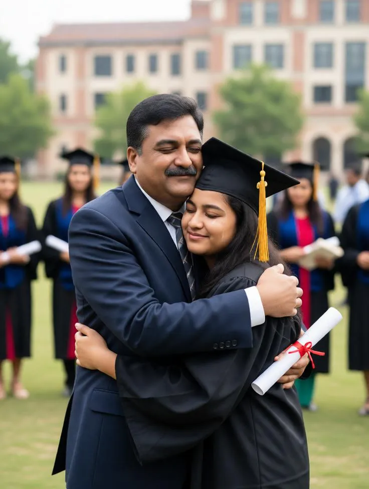 Emotional father-daughter hug at a graduation ceremony.
