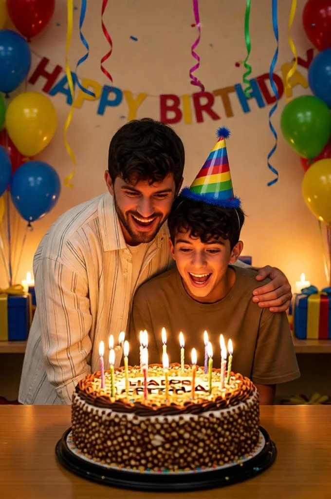 Happy birthday celebration portrait of father and son with cake and candles.