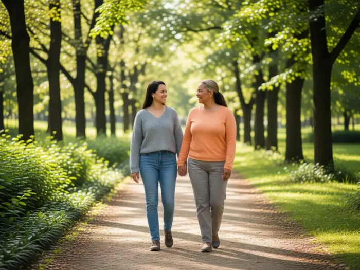 Mother and daughter walking together in a calm park.