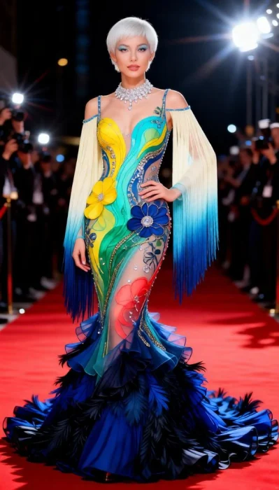 Women wear a colorful Met Gala couture gown with a dramatic blue feathered train.