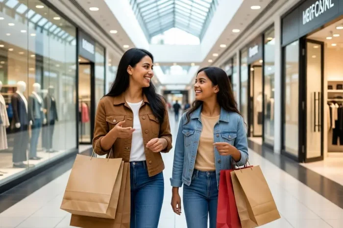 Stylish mother and teenage daughter shopping in a modern mall.
