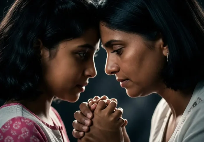 Cinematic close-up of mother and daughter in an emotional moment.