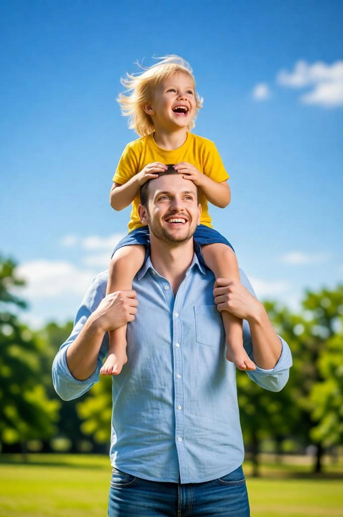 Joyful outdoor portrait of a father carrying his son on his shoulders.