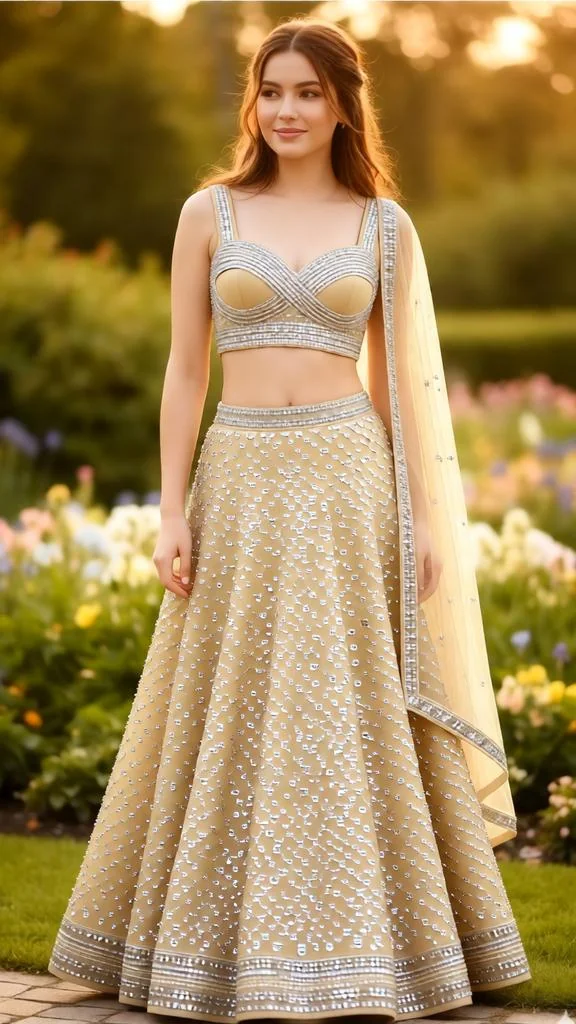 Woman wearing a champagne gold lehenga with silver sequins and crystal details.