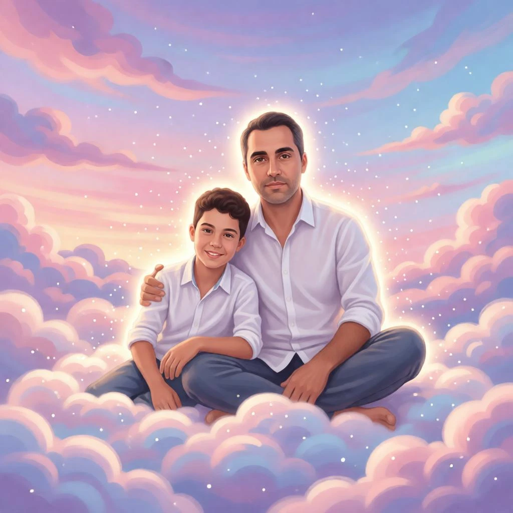 Dreamlike fantasy portrait of father and son sitting on clouds.