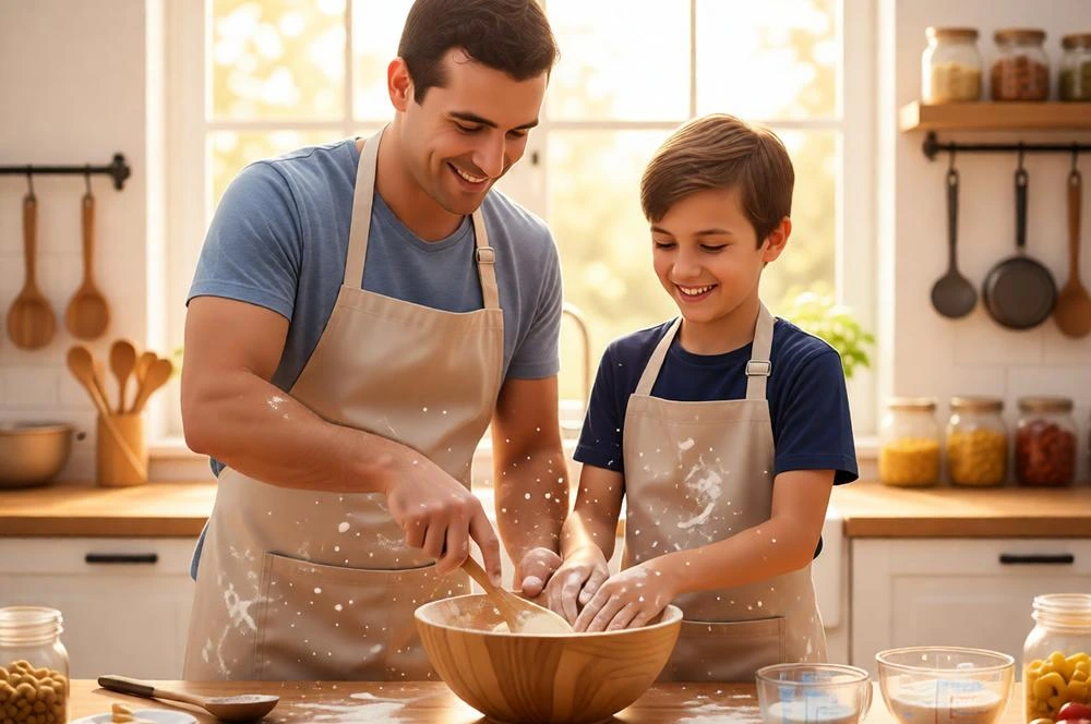 Father teaching young son cooking in a warm, modern kitchen scene.