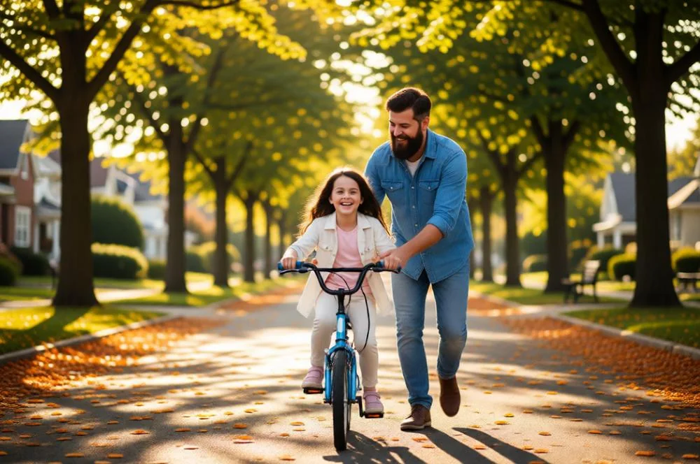 Father teaching daughter to ride a bicycle on a sunny street.