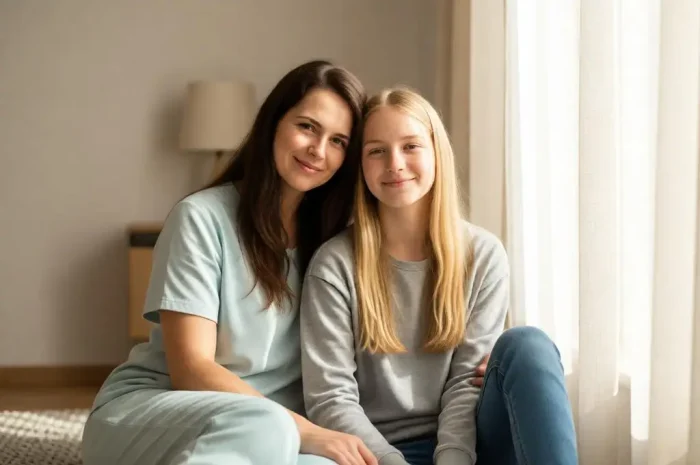 Mother and daughter sitting near a curtain in soft sunlight.