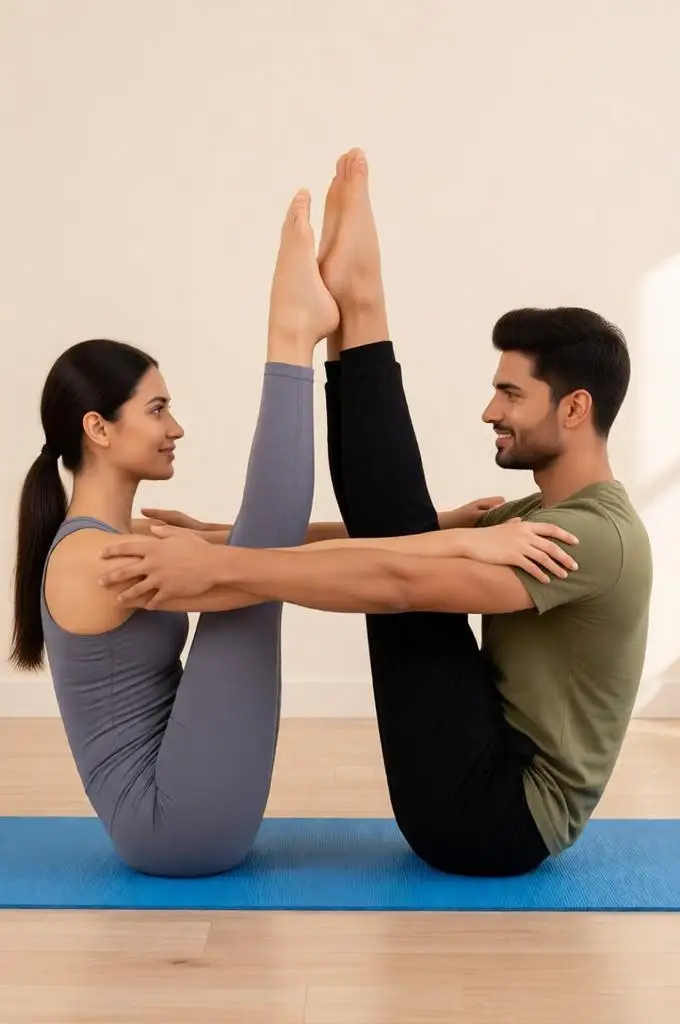Fitness couple doing a partner yoga pose indoors on a yoga mat.