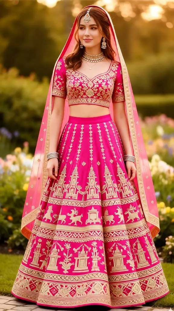 Woman in a bright, rani pink bridal lehenga with heavy gold embroidery.