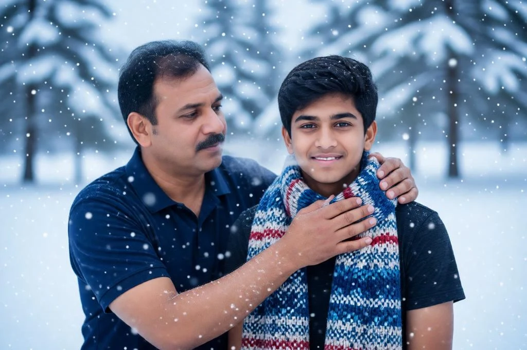 Cinematic snowy winter father and son portrait with a warm scarf moment.