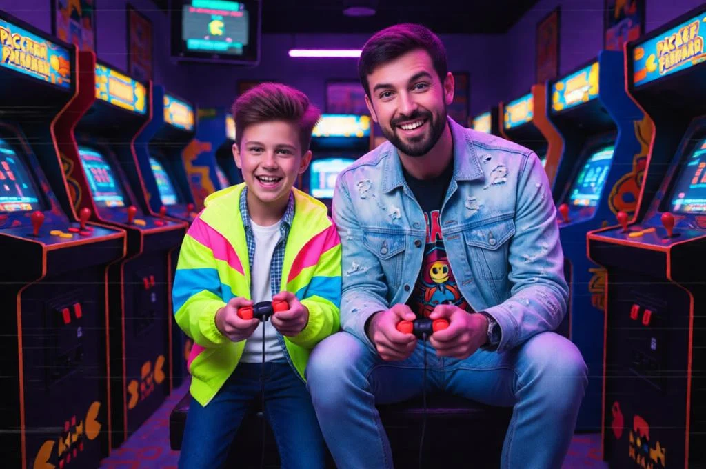 1980s arcade-themed father and teenage son portrait with neon lighting.