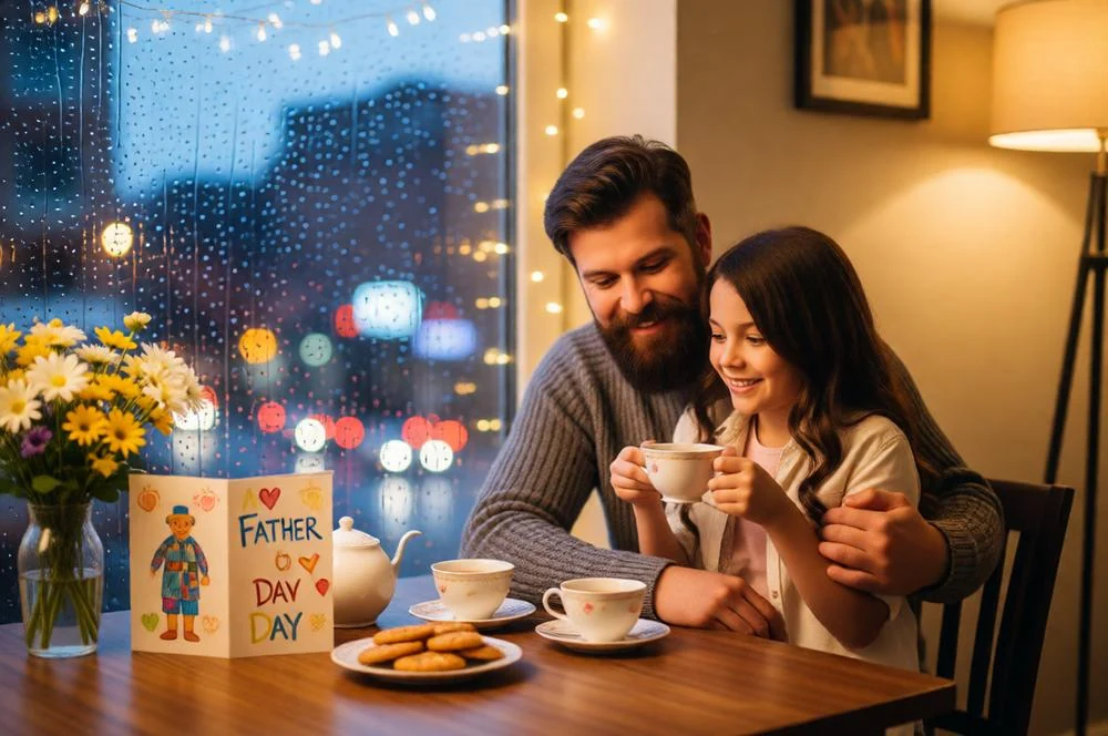 Father and daughter enjoying evening tea near a rainy window.