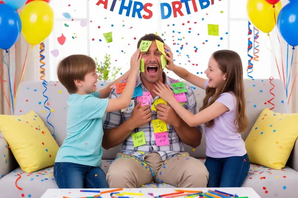 Funny Father’s Day scene with kids covering dad in sticky notes.