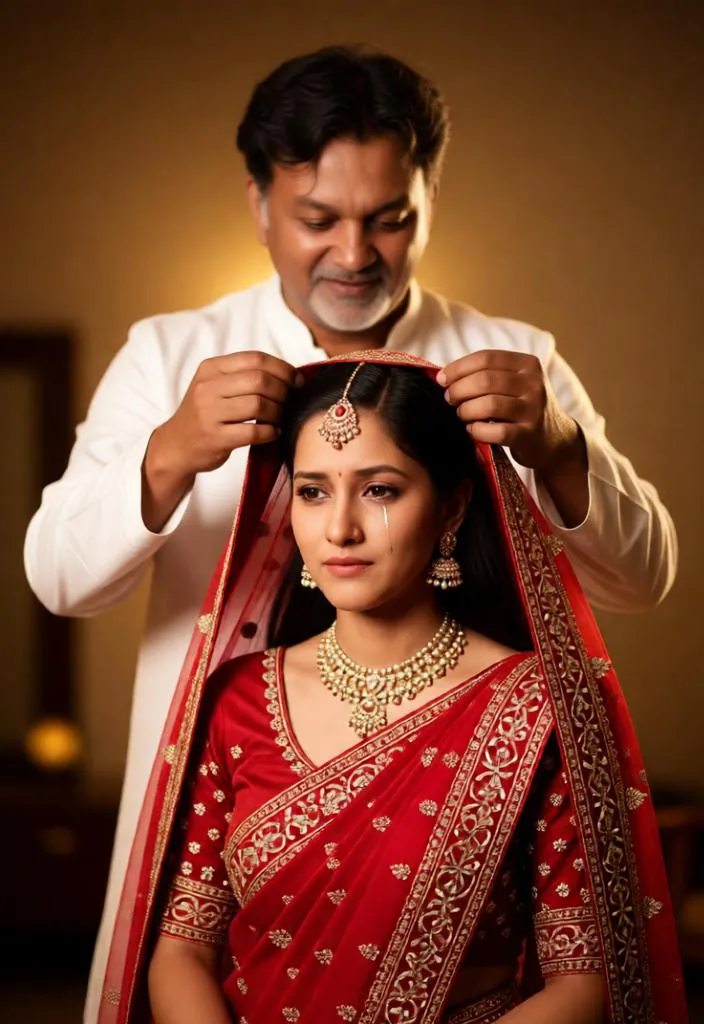 Emotional father helping daughter before her wedding.