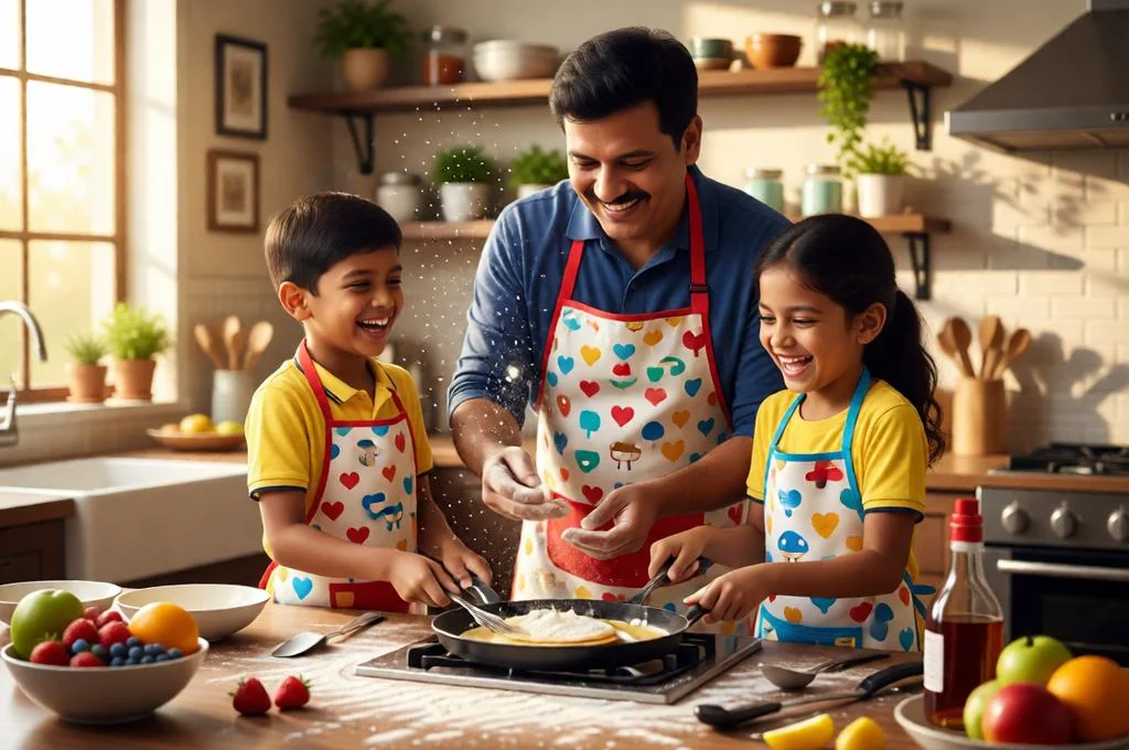 Father cooking pancakes with children in cozy kitchen.
