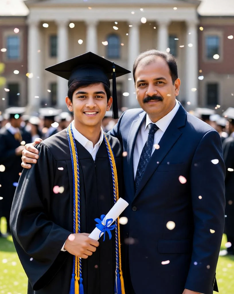 Emotional graduation day portrait of proud father and graduating son.