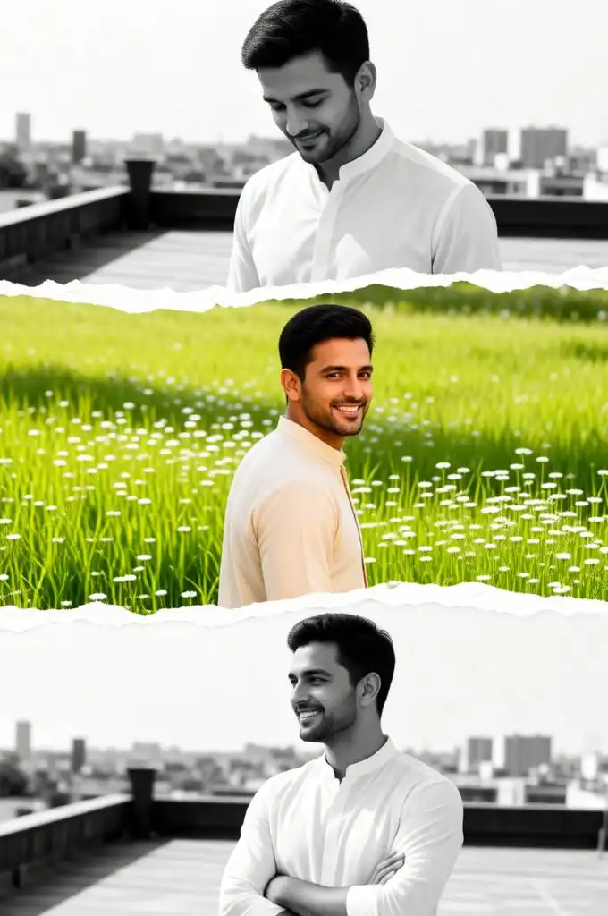 Minimal torn-paper collage of a smiling man.