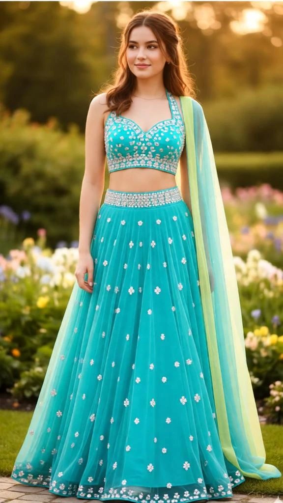 Woman wearing a turquoise blue lehenga with silver sequin embroidery.