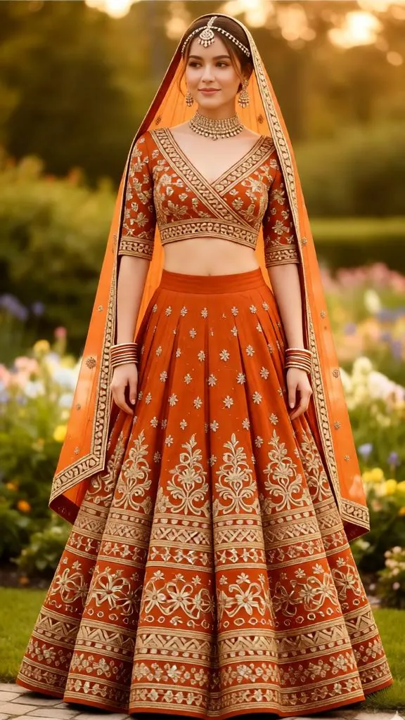 Woman in a rust orange bridal lehenga with intricate gold embroidery.